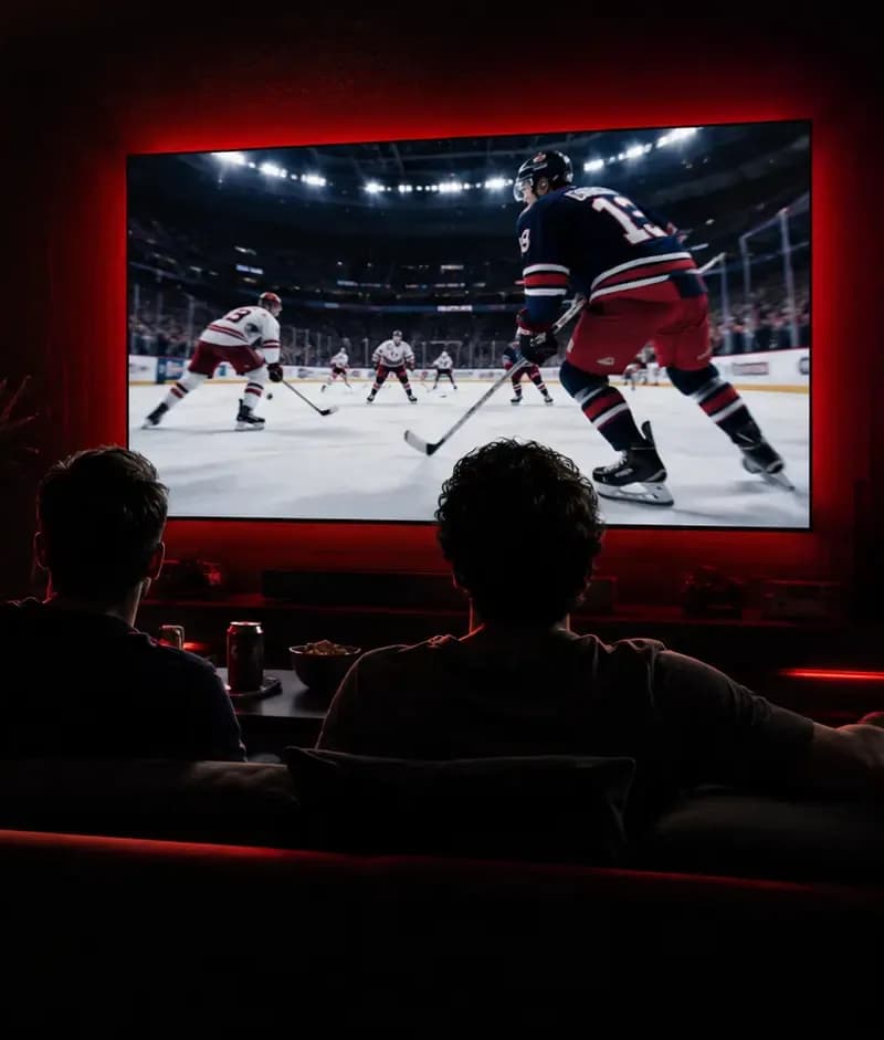 Three friends on a couch watching a hockey game on a large wall-mounted TV in a dark room with red ambient lighting